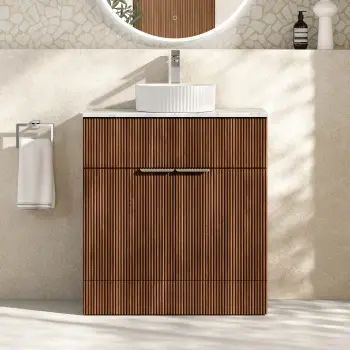 Havana Fluted Black Walnut Cabinet with Marble Top & Nevis Basin 800mm - Chrome Handles