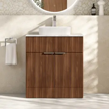 Havana Fluted Black Walnut Cabinet with Marble Top & Reno Basin 800mm - Chrome Handles