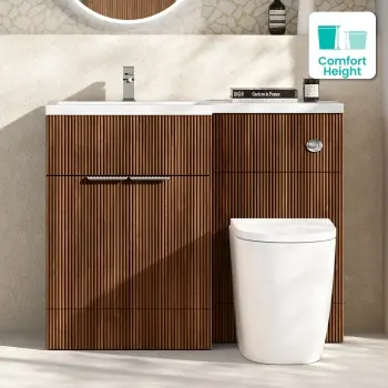 Havana Fluted Black Walnut Combination Vanity Basin and Utah Comfort Height Toilet 1100mm - Chrome Handles - Left Handed