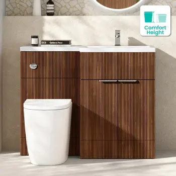 Havana Fluted Black Walnut Combination Vanity Basin and Utah Comfort Height Toilet 1100mm - Chrome Handles - Right Handed
