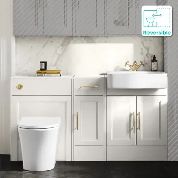 Monaco Cotton White Combination Vanity Basin and Tucson Toilet 1500mm - Brass Knurled Handles