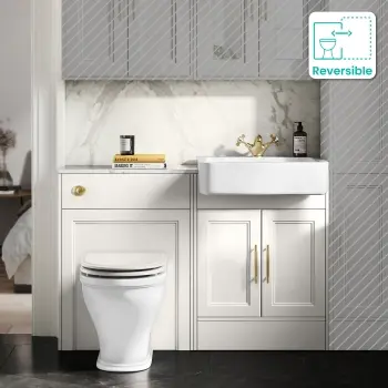 Monaco Cotton White Combination Vanity Basin with Marble Top & Kansas Toilet with Wooden Seat 1200mm - Brass Knurled Handles
