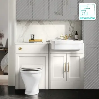 Monaco Cotton White Combination Vanity Traditional Basin and Kansas Toilet with Wooden Seat 1200mm - Brass Knurled Handles
