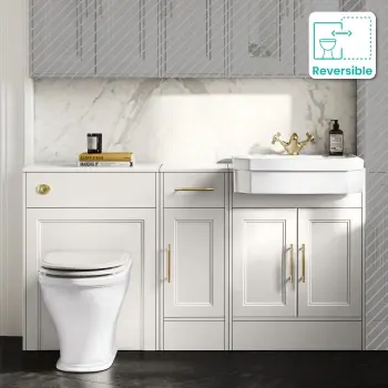 Monaco Cotton White Combination Vanity Traditional Basin and Kansas Toilet with Wooden Seat 1500mm - Brass Knurled Handles