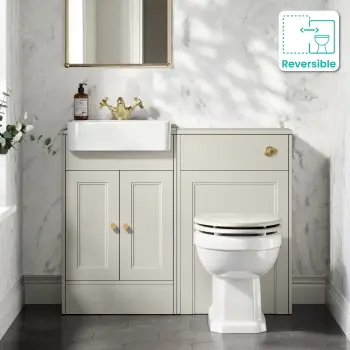 Monaco Linen White Combination Vanity Basin and Hudson Toilet with Wooden Seat 1000mm - Brushed Brass Accents