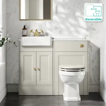 Monaco Linen White Combination Vanity Basin with Marble Top & Hudson Toilet with Wooden Seat 1000mm - Brushed Brass Accents