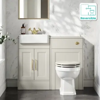 Monaco Linen White Combination Vanity Basin and Hudson Toilet with Wooden Seat 1000mm - Brass Knurled Handles