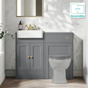Monaco Fog Grey Basin Vanity and Back To Wall Toilet Unit 1000mm (Excludes Pan & Cistern) - Brushed Brass Accents