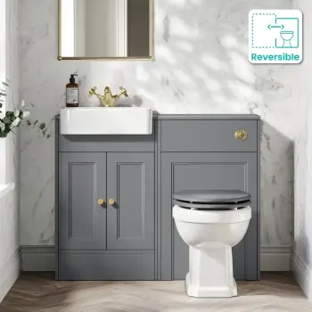 Monaco Fog Grey Combination Vanity Basin and Hudson Toilet with Wooden Seat 1000mm - Brushed Brass Accents