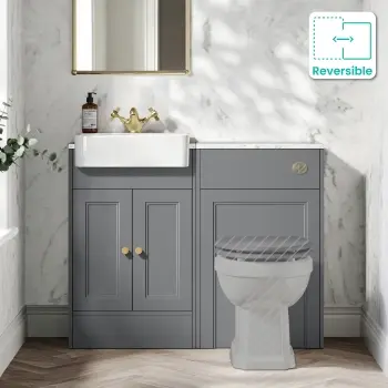 Monaco Fog Grey Combination Vanity Basin with Marble Top 1000mm (Excludes Pan & Cistern) - Brushed Brass Accents