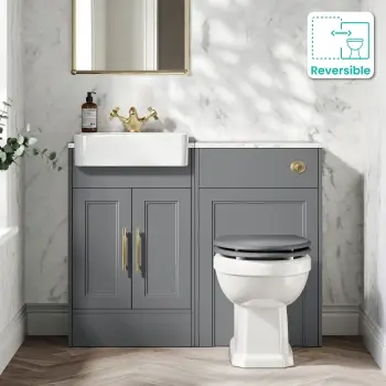 Monaco Fog Grey Combination Vanity Basin with Marble Top & Hudson Toilet with Wooden Seat 1000mm - Brass Knurled Handles
