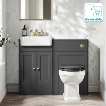 Monaco Slate Grey Combination Vanity Basin and Hudson Toilet with Wooden Seat 1000mm - Brushed Brass Accents