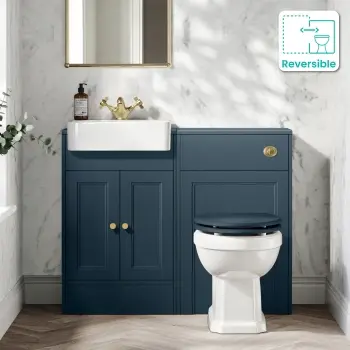 Monaco Navy Blue Combination Vanity Basin and Hudson Toilet with Wooden Seat 1000mm - Brushed Brass Accents