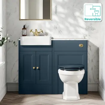 Monaco Navy Blue Combination Vanity Basin with Marble Top & Hudson Toilet with Wooden Seat 1000mm - Brushed Brass Accents