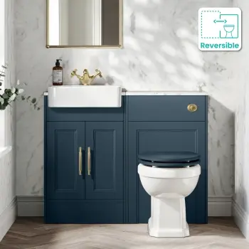 Monaco Navy Blue Combination Vanity Basin with Marble Top & Hudson Toilet with Wooden Seat 1000mm - Brass Knurled Handles