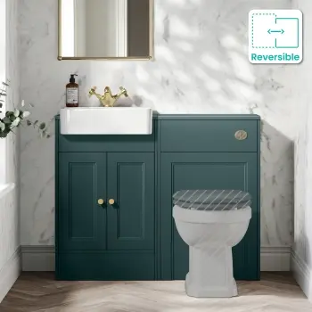Monaco Mystic Green Basin Vanity and Back To Wall Toilet Unit 1000mm (Excludes Pan & Cistern) - Brushed Brass Accents