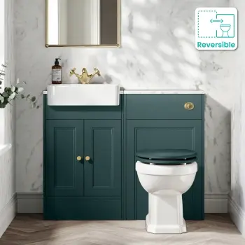 Monaco Mystic Green Combination Vanity Basin with Marble Top & Hudson Toilet with Wooden Seat 1000mm - Brushed Brass Accents