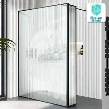 Munich Fluted Effect Matt Black Framed 8mm Wet Room Shower Glass 1400mm & 250mm Pivotal Return Panel