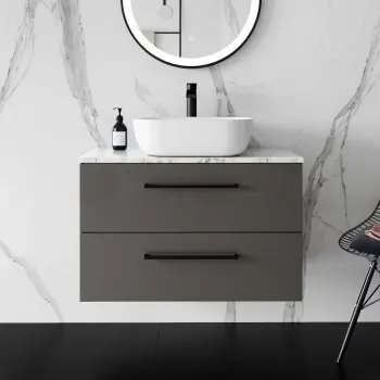 Elba Graphite Grey Wall Hung Drawer Vanity with Marble Top & Curved Counter Top Basin 800mm - Black Accents
