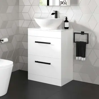Avon Gloss White Vanity Drawer with Marble Top & Oval Counter Top Basin 600mm - Black Accents