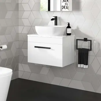 Avon Gloss White Wall Hung Drawer Vanity with Marble Top & Curved Counter Top Basin 600mm - Black Accents