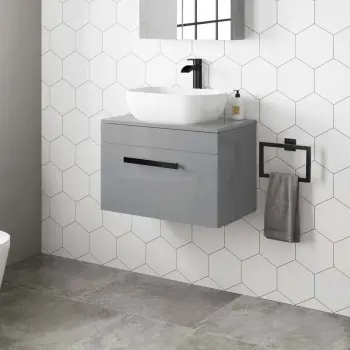 Avon Stone Grey Wall Hung Drawer Vanity with Curved Counter Top Basin 600mm - Black Accents