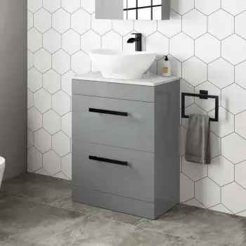 Avon Stone Grey Vanity Drawer with Marble Top & Oval Counter Top Basin 600mm - Black Accents