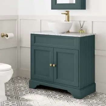 Lucia Midnight Green Vanity with Marble Top & Round Counter Top Basin 840mm - Brushed Brass Accents