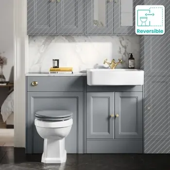 Monaco Dove Grey Combination Vanity Basin with Marble Top & Hudson Toilet with Wooden Seat 1200mm - Brushed Brass Accents
