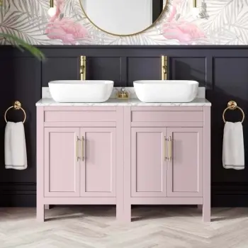Bermuda Cashmere Pink Vanity with Marble Top & Curved Counter Top Basin 1200mm - Brass Knurled Handles