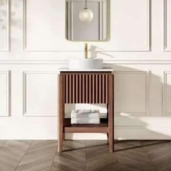 Maru Walnut Wood Grain Vanity Cabinet 600mm with Carrara Marble Top - Basin Not Included