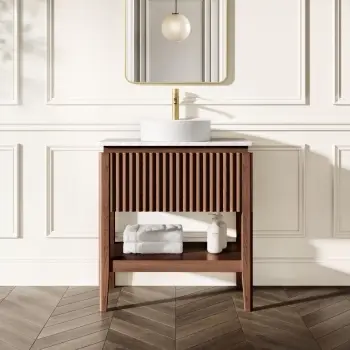 Maru Walnut Wood Grain Vanity Cabinet 800mm with Carrara Marble Top - Basin Not Included