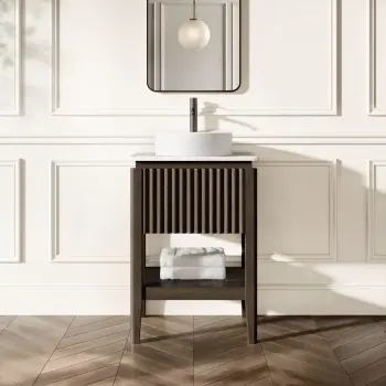 Maru Black Oak Wood Grain Vanity Cabinet 600mm with Carrara Marble Top - Basin Not Included