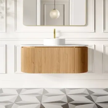 Positano Natural Oak Curved Wall Hung Vanity Drawer with Carrara Marble Top 1200mm - Basin Not Included
