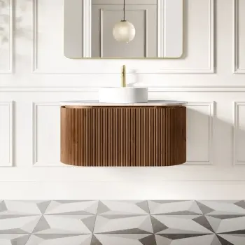 Positano Natural Walnut Curved Wall Hung Vanity Drawer with Carrara Marble Top 1000mm - Basin Not Included