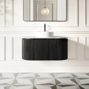 Positano Black Oak Curved Wall Hung Vanity Drawer with Carrara Marble Top 1000mm - Basin Not Included