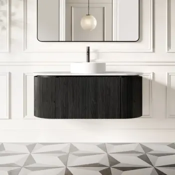 Positano Black Oak Curved Wall Hung Vanity Drawer with Carrara Marble Top 1200mm - Basin Not Included