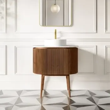 Positano Natural Walnut Curved Vanity Unit with Carrara Marble Top 800mm - Basin Not Included