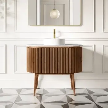 Positano Natural Walnut Curved Vanity Unit with Carrara Marble Top 1000mm - Basin Not Included