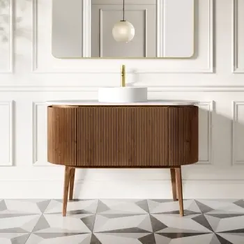 Positano Natural Walnut Curved Vanity Unit with Carrara Marble Top 1200mm - Basin Not Included