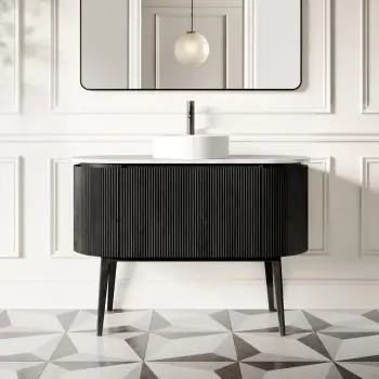 Positano Black Oak Curved Vanity Unit with Carrara Marble Top 1200mm - Basin Not Included
