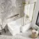 L Shaped 1500 Shower Bath with Front Panel & 6mm Easy Clean Brushed Brass Bath Screen - Right Handed