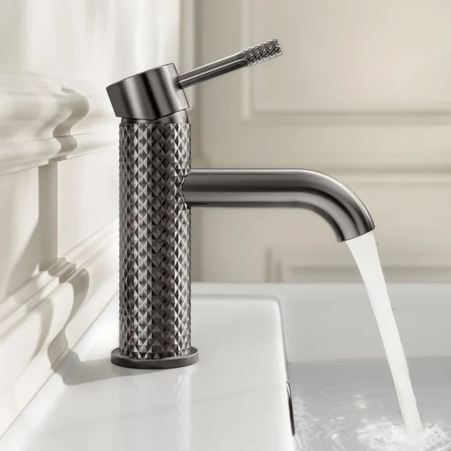 Suir Brushed Gunmetal Basin Mixer Tap with Knurled Detailing