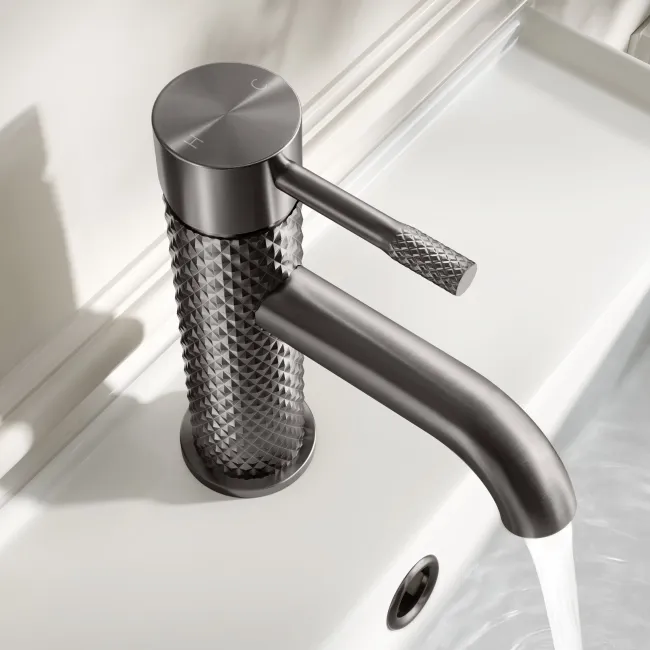 Suir Brushed Gunmetal Basin Mixer Tap with Knurled Detailing