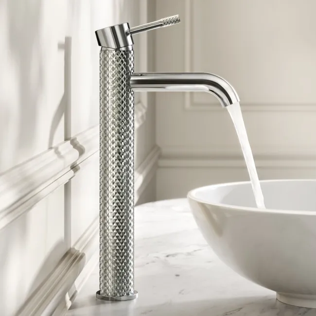 Suir Chrome High Rise Basin Mixer Tap with Knurled Detailing