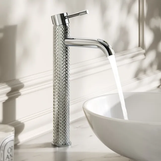 Suir Chrome High Rise Basin Mixer Tap with Knurled Detailing