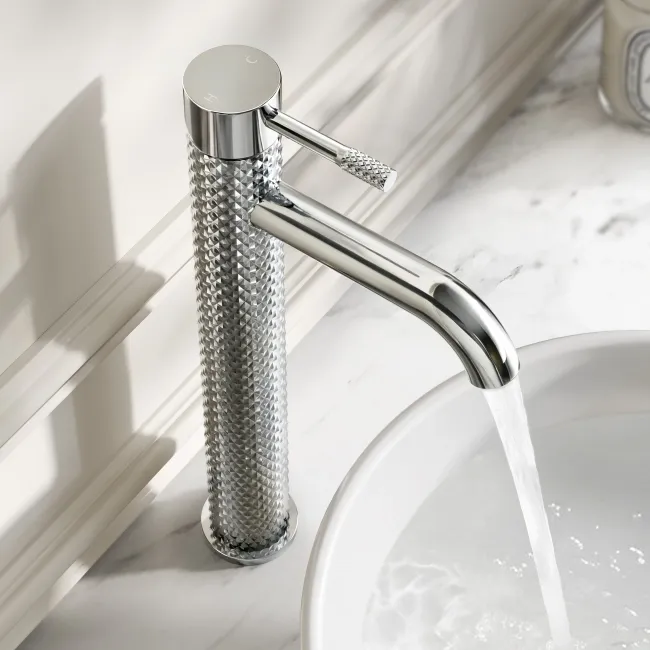 Suir Chrome High Rise Basin Mixer Tap with Knurled Detailing
