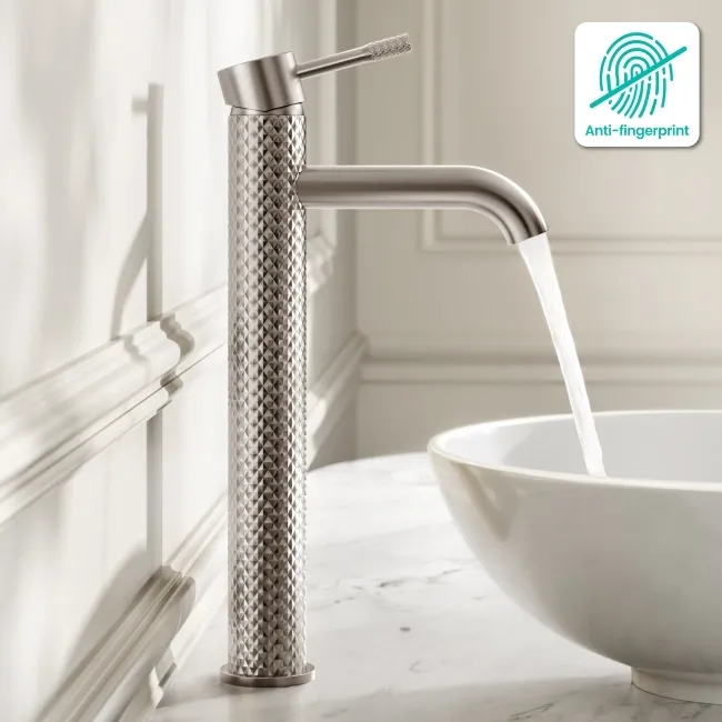 Suir Brushed Nickel High Rise Basin Mixer Tap with Knurled Detailing