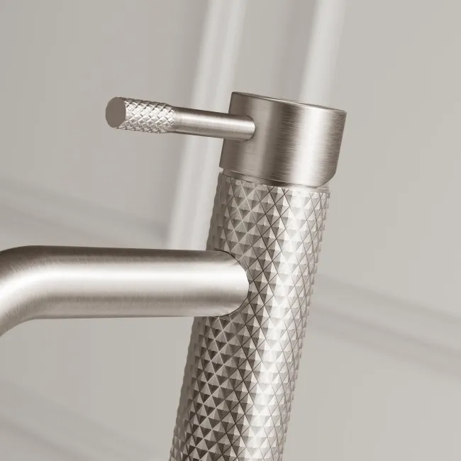 Suir Brushed Nickel High Rise Basin Mixer Tap with Knurled Detailing