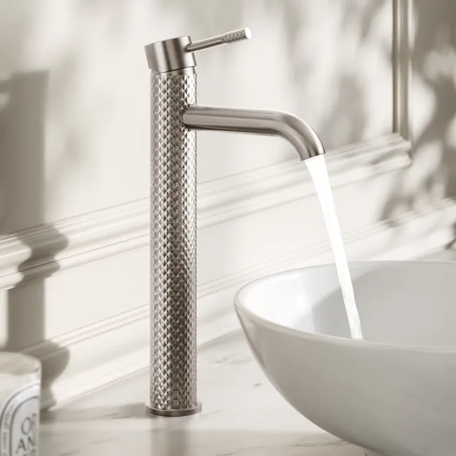 Suir Brushed Nickel High Rise Basin Mixer Tap with Knurled Detailing